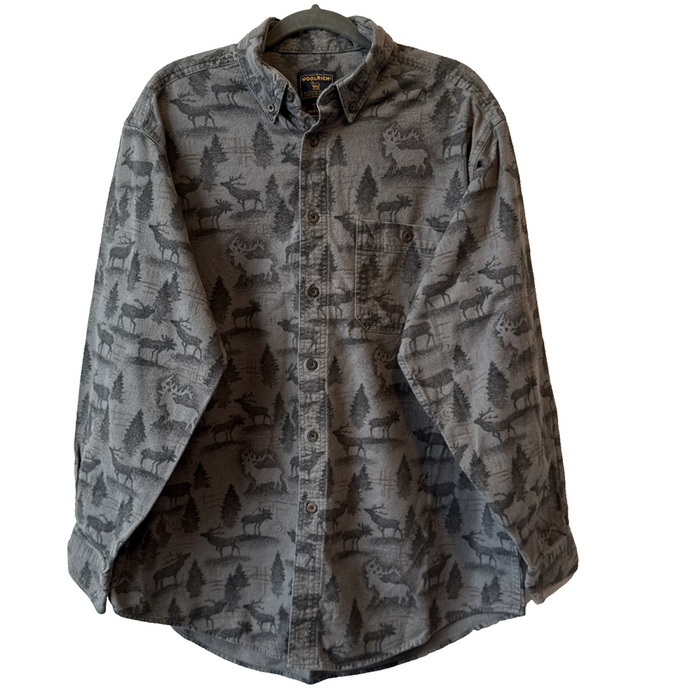 Vintage Woolrich Mens L Outdoor Nature Flannel Shirt Moose Deer 90s Chore Rugged
